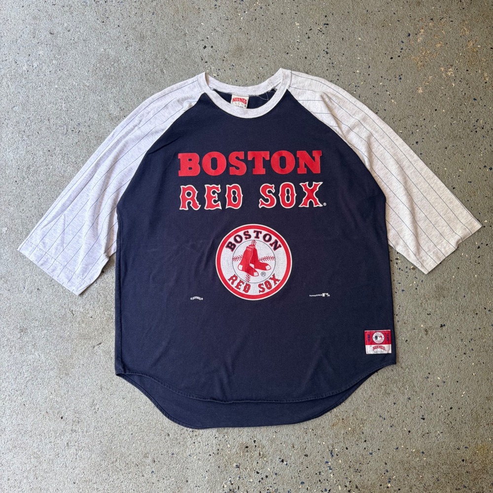 Vintage Boston Red Sox Nutmeg Mills Raglan Shirt Navy Pinstripe 3/4 Sleeve L USA
